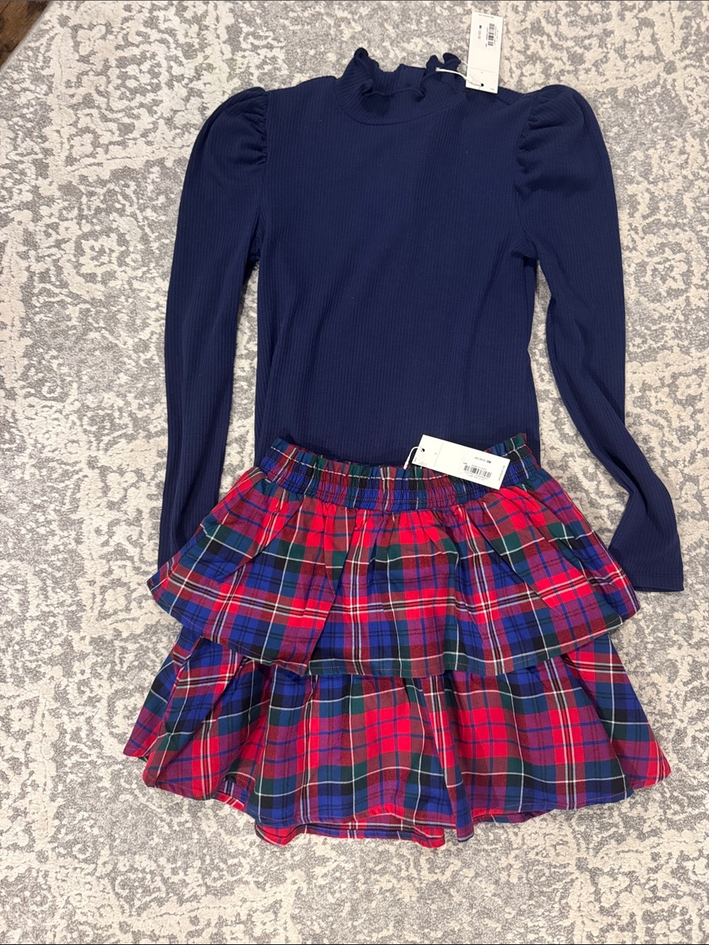 Girls Janie and Jack Navy Ribbed Long-Sleeve Top with Red Plaid Tiered Skirt
